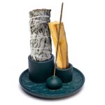 Brûleur en céramique Palo Santo, smudge et encens motif floral couleur pétrole
