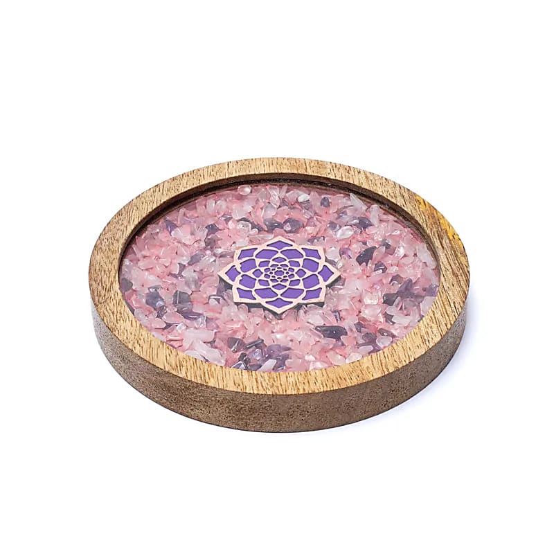 Sous-verre bois Lotus, quartz rose & améthyste (2 pièces)